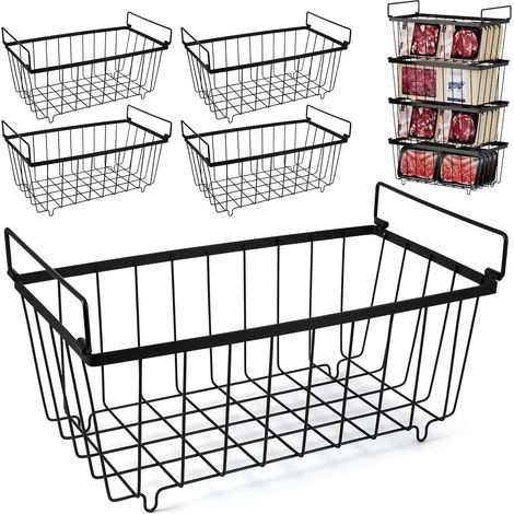 Juego de 4 cestas de almacenamiento apilables de 198 litros con asas, ideales para clasificar alimentos congelados y ahorrar espacio en la despensa.