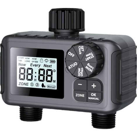 Temporizador de riego de 2 zonas: temporizador programable manguera jardín, automático/manual/con retardo lluvia, resistente agua fácil montar (1/5)