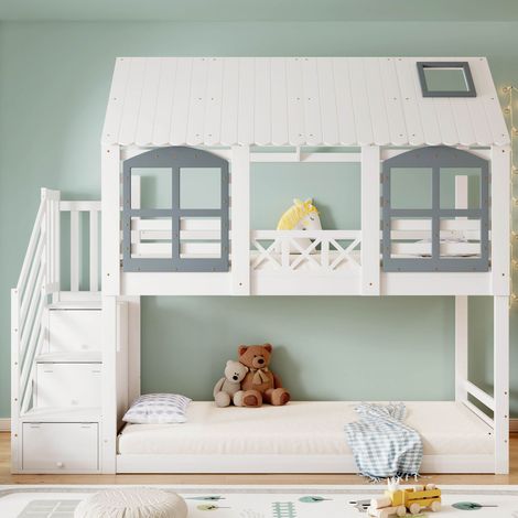 Lit superposé enfant 90x200 cm avec escalier 3 placards Lit cabane avec fenêtres et toit Pin et MDF Blanc et Gris (1/5)