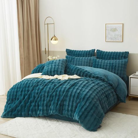 Parure de lit en peluche 135 x 200 cm - Pour l'hiver - Bleu chaud - Douillette et moelleuse - Housse de couette réversible avec fermeture éclair et taie d'oreiller de 80 x 80 cm (1/5)