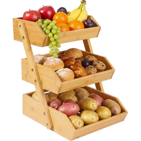 Étagère à fruits en bambou, 3 niveaux, H x L x P 41 x 33 x 30 cm, support pour fruits, légumes et pâtisseries. (1/5)