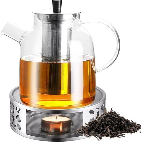 Théière Verre 1800ml avec Rechaud, Filtre Inox Amovible, Thé Noir Vert Parfumé, Infusion Élégante HBCL (1/4)