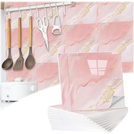 Lot de 12 autocollants pour carrelage mural 3D Aspect marbre 30 x 30 cm Imperméable et anti saleté 4 couleurs Pour salle de bain, cuisine, salon Rose (1/5)