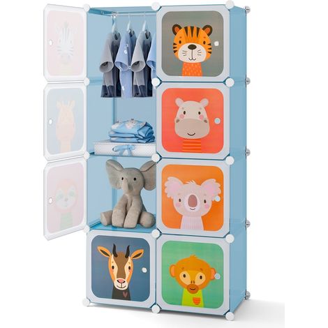 Kinderkleiderschrank mit 8 Fächern und Kleiderstange, Blau