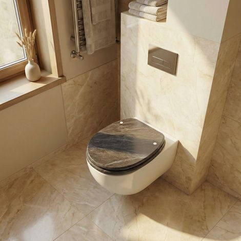Abattant WC en bois MDF avec fermeture lente, couvercle décoratif à fermeture freinée, facile à installer, compatible avec les toilettes standards rondes ou allongées (1/5)