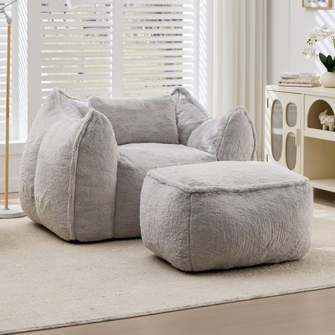 Poltrona pouf gigante in pelliccia sintetica grigia con cuscino e pouf DESVIAE (1/5)