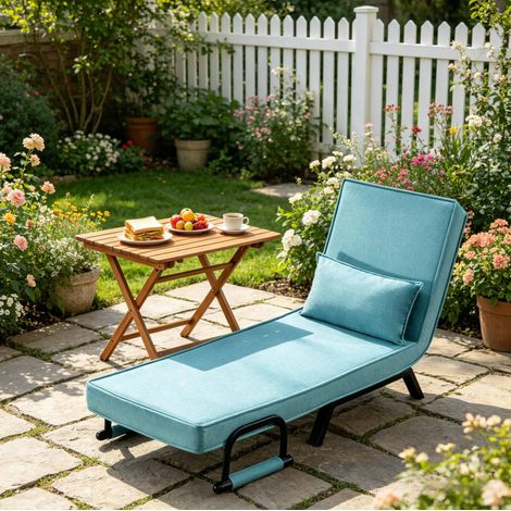 Sillon cama 3 en 1 de lino azul y metal, respaldo ajustable en 5 posiciones, 65 x 78 x 75 cm (1/5)