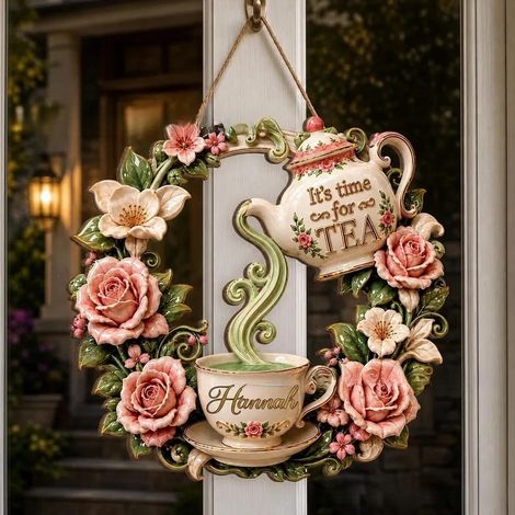 New Portable Tea Time Wooden Wreath Sign 20cm - Afternoon Tea Wreath Sign