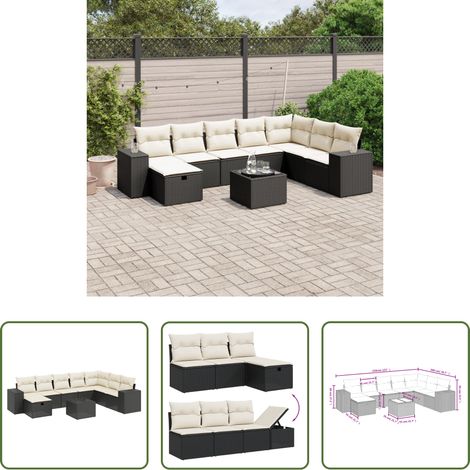 Sedute da esterno - Set Divani da Giardino 9 pz con Cuscini Nero in Polyrattan (1/5)