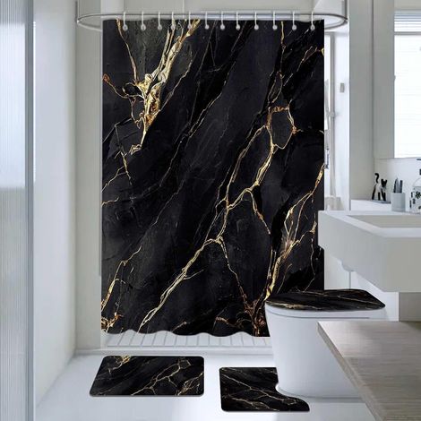 Lot de 4 rideaux de douche en marbre noir abstrait avec tapis antidérapants, housse moderne pour abattant de toilette et tapis de bain, rideau de bain pour décoration de salle de bain (crochets (1/5)