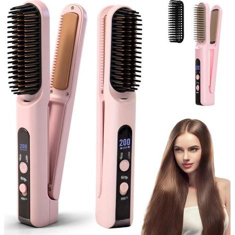 Hair straightener - 2-in-1 ionic comb - Styling comb - Four temperature settings - Ceramic - Heated comb - Suitable for short hair - Women's - Portable - Pink (1/5)