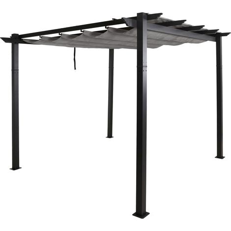 Pergola aluminium pavillon de jardin terrasse 3x3 m avec toit coulissant réglable structure 8 cm tissu polyester UV50+ gris 040009722