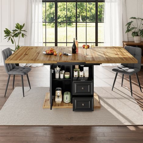 Table de salle à manger extensible 110/140x80x75 cm avec 3 tiroirs et 1 porte, en bois, noir et naturel