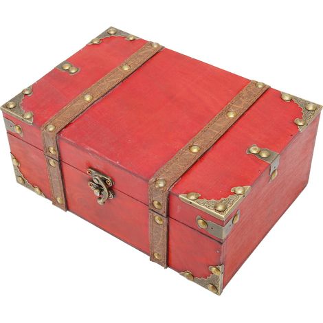 Un coffre au trésor rectangulaire de grande capacité, de style vintage, avec des coins en bois renforcés, idéal pour ranger cartes postales, photos, bijoux et petits objets. (1/5)