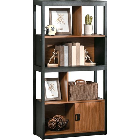 Libreria mobile a 4 ripiani con armadietto, in truciolato e MDF, 76,5x30x150 cm, marrone e nero.