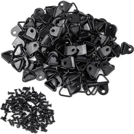 Lot de 100 petits anneaux triangulaires en acier pour cadres photo avec vis, crochet triangulaire avec boîte transparente, anneau de levage à un trou pour suspendre des photos d'horloges./// (1/5)