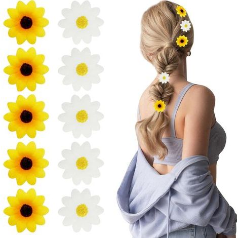 Lot de 10 grandes pinces à cheveux en forme de fleur pour femme, motif tournesol, marguerite, jaune et blanc, pour mariage, été, plage, fête, accessoires pour filles (1/5)