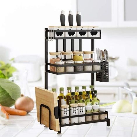 Étagères à épices - Rangement Bouteille Cuisine - Support Stockage Organisateur - Noir - Inox - 34 x 21 x 61 cm (1/3)