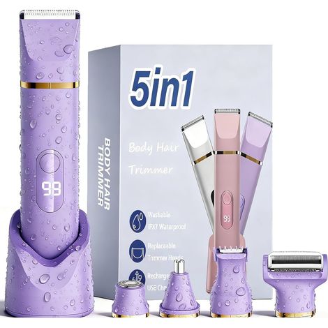 5 in 1 Women's Electric Shaver, Wet/Dry Trimmer, IPX7 Waterproof, Female Intimate Trimmer for Face, Armpits, Legs, Arms and Bikini (Purple) (1/5)
