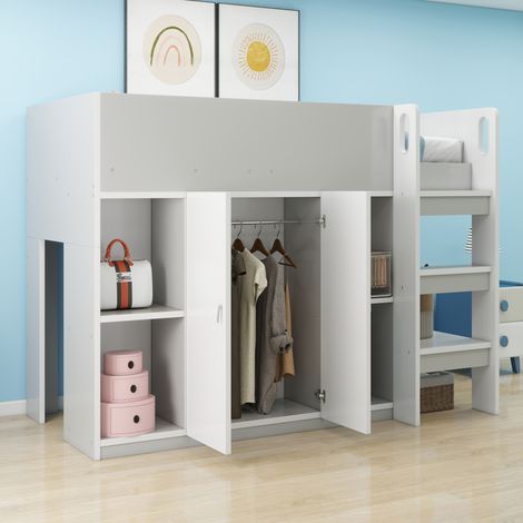 REDOM Lit mezzanine 90x200 cm gain de place avec rangement intégré en bois gris et blanc (Sans matelas) (1/5)