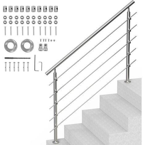Rambarde pour escalier extérieur, kit de rampe à 5 traverses de 150 cm de longueur, en acier inoxydable de style transitionnel avec kit d'installation, rampe d'escalier à double colonne pour personnes (1/5)