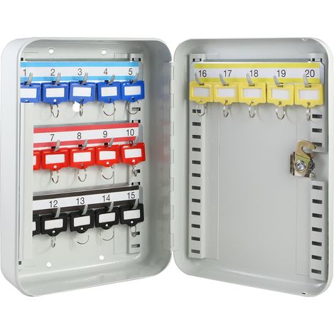 HMF Schlüsselkasten klein aus Stahl, abschließbarer Schlüsselschrank für Flur, Arbeitszimmer oder Garage, 20 Schlüsselhaken, 25 x 20 x 7,5 cm, Lichtgrau (1/4)