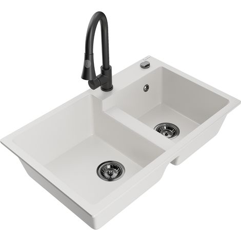 Mexen Tomas fregadero de granito de 2 senos con grifo de cocina Elia, blanco - 6516-20-670101-70 (1/5)