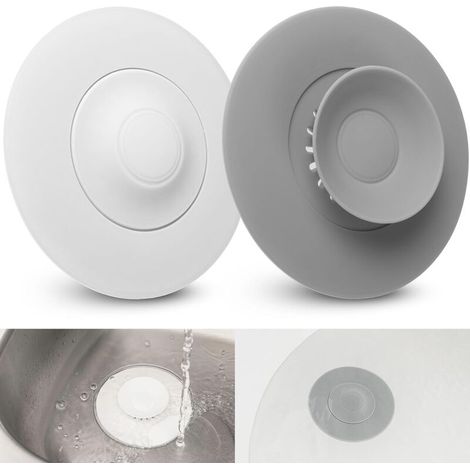 Universal Drain Stopper, 4 Units, Ø 10 cm, White + Grey, Silicone, Integrated Filter for Food Remains and Hair, Drains up to Ø 80 mm for Sink, Washbasin, Bathtub, Drain Filters