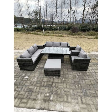 Fimous 9 Seater Outdoor Rattan Garden Furniture Set Adjustable Rising Lifting Dining Table With Chairs Footstool Dark Grey Mixed (1/5)
