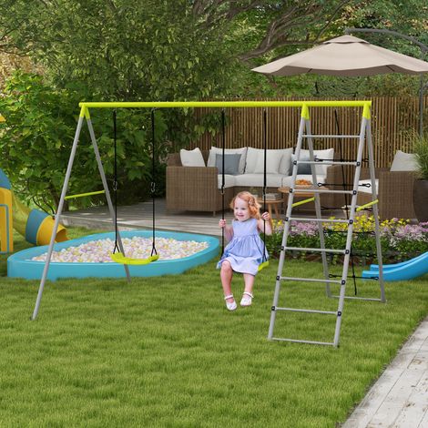 Balançoire pour enfants 4 en 1 avec 2 sièges de balançoire, échelle et filet d'escalade, verte (1/5)