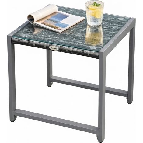 ELVMI Gartenbeistelltisch Quadratisch mit Hartglasplatte für Balkon und Terrasse aus Polyrattan 50 x 49.5 x 50 cm (1/5)