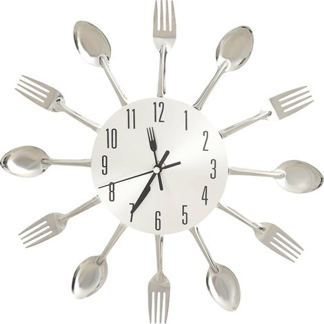 vidaXL Reloj de pared diseño cuchara y tenedor plateado 31 cm aluminio (1/2)