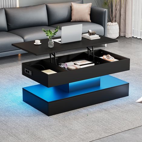 Table basse relevable - 100x50x42cm - avec éclairage LED et espace de rangement dissimulé - Noir (1/5)