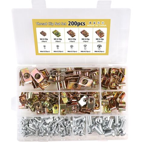 Clip à Vis et Écrou de Kit, 200 Pcs M4 M5 M6 M8 de Vis et Écrous de Fixation pour Garde-Boue de Voiture, Écrous Fixation Type U Clips Ecrou, Type U Sous Support de Passage Roue Kit (1/5)
