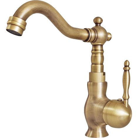 Robinet lavabo laiton ancien brossé vintage, mitigeur bronze rétro levier unique, bec pivotant 360° pour vasque salle de bains en cuivre - style vintage (1/5)