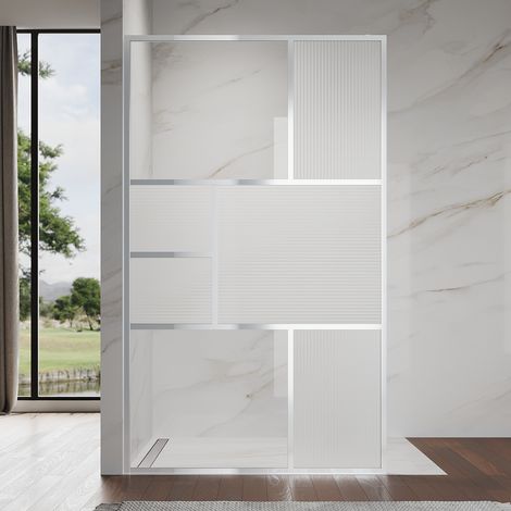 SONNI 8mm Walk In Duschkabine aus Nano ESG Sicherheitsglas Duschabtrennung mit Stabilisator Gestreiftes Glas Duschkabine, Silber, 100 x 200 cm
