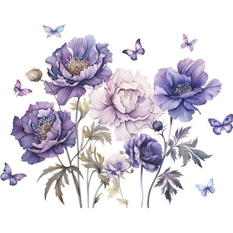 Vinilo decorativo autoadhesivo para pared, peonías y mariposas, morado, 90 x 71 cm, para dormitorio o salón. (1/5)