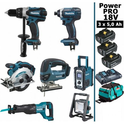 Pack MAKITA Power PRO 7 outils 18V : DDF458 + DTD152 + DJV180 + DSS610 + DJR186 + DMR108 + DEADML805 + 3 batt 5Ah + sac (1/5)
