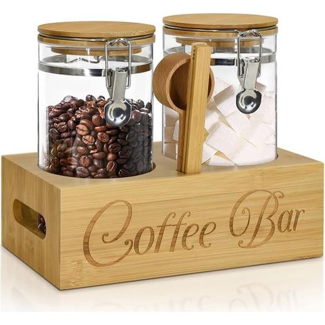Set of 2 1.4L Coffee Bean Containers with Bamboo Shelf & Spoon, Glass Coffee Bean Containers for Nuts, Snacks, Sugar, Tea, Wood Color