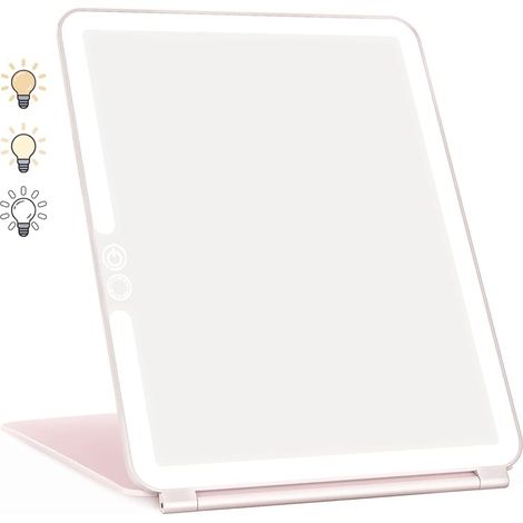 Espejo de maquillaje con luz LED y pantalla táctil para viaje (rosa) (1/4)