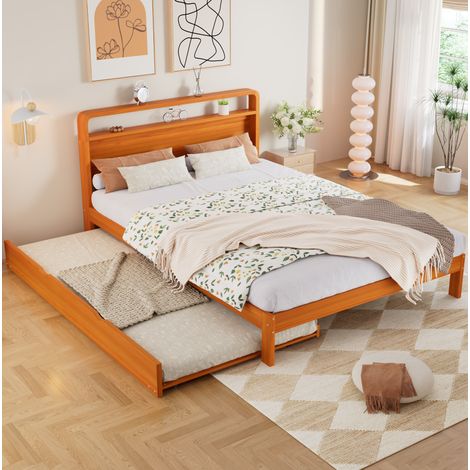Cama nido 140x200 cm natural de madera con cama extraíble 90x190 cm y cabecero redondeado (1/5)