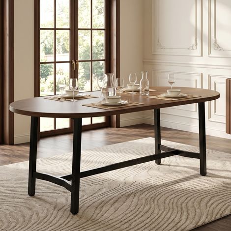 Table repas 180x80x75 cm, convient à 6-8 convives, bords arrondis, design minimaliste, piètement métal, finition noyer. (1/5)