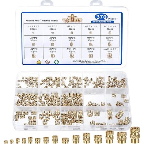 Écrou à Insert Fileté, 370 Pièces M2 M2,5 M3 M4 M5 M6 & 1/4-20 Écrous Moletés à Filetage Femelle, Écrous Insert en Laiton, Bagues Filetées pour Pièces Imprimées en 3D, Metal Plastique (1/5)