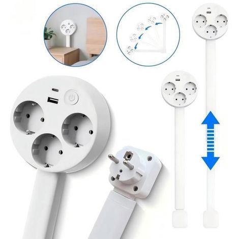Multiprise Électrique - 3 Prises CA + 1 USB-C + 1 USB-A - Extensible 47 à 67 cm - Rotation 360° - 1500 W - Pour Bureau Cuisine Atelier - 1 Pièce (1/5)