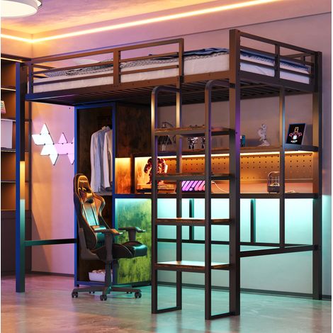 lit mezzanine bureau rangement 90x200 MDF metal noir HAVRYA (1/5)