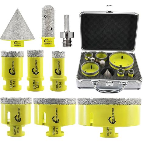 Foret Diamant Kit Trepan Carrelage - 9pcs (20/25/35/50/68/100mm+20mm Fraise Diamant+50mm Mèches de Chanfrein+Adaptateur) pour Carrelage Céramique Porcelaine Marbre Granit M14 Filetage (1/5)