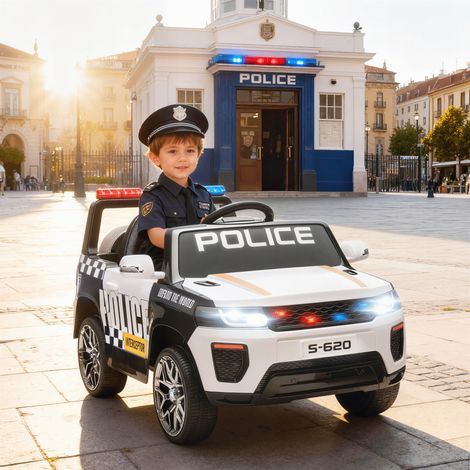 Elektrisches Polizeiauto für Kinder mit Fernbedienung, Doppelmotor, Sirene, 4-Rad-Federung und Scheinwerfern – Weiß (1/5)