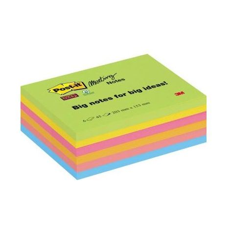 POST-IT Haftnotiz Post-it® Super Sticky Meeting Notes 203 x 153 mm (B x H) je 1 x limonengrünultragelb powerpink vitalorange guavapink paradiseblau 45 Bl./Block 6 Block/Pack. (1/5)