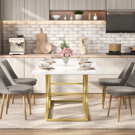 Mesa de comedor 200 x 80 cm para 8-10 personas, MDF, blanca y dorada HAVRYA (1/5)