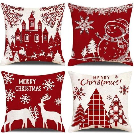 Lot de 4 Housses de Coussin Noël Bonhomme de Beige Rouge Château Modèle Décoratif Canapé Taie d'oreiller Décoration pour Chambre, canapé, Chaise, Voiture, Lit,Jardin 45 x 45 cm (1/5)